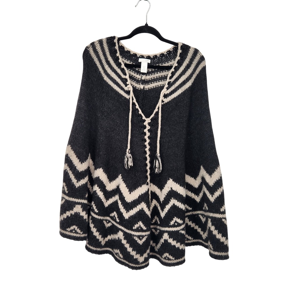 J. Jill Merino Wool Blend Southwestern Tribal V-Neck Poncho Cape Tassel Black OS
